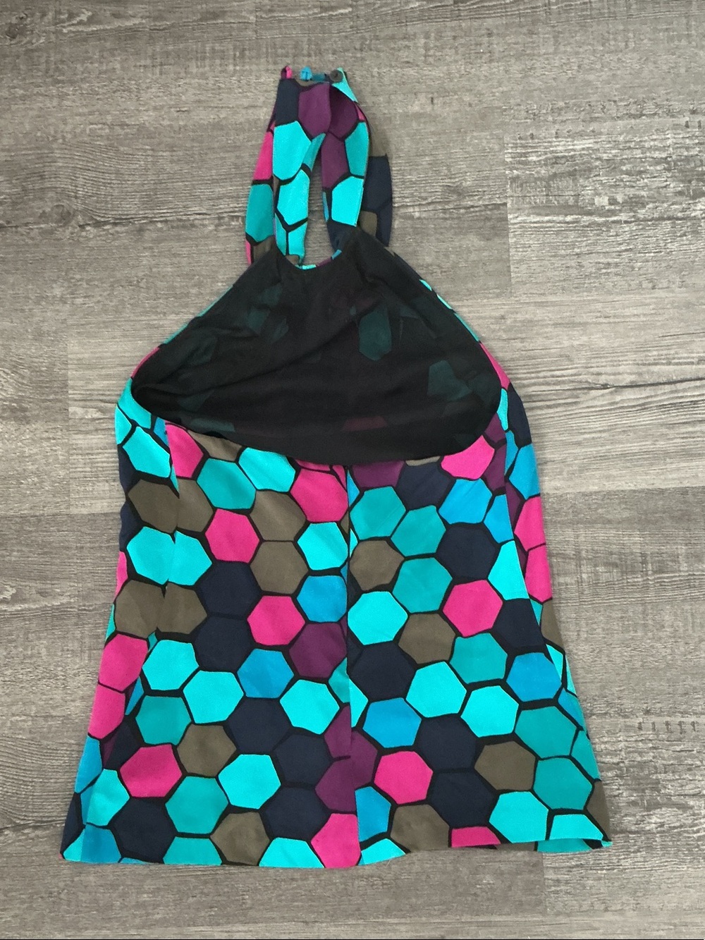 Trina Turk Hexagon Print Halter Tank in Teal, Pink & Olive - Picture 2 of 4